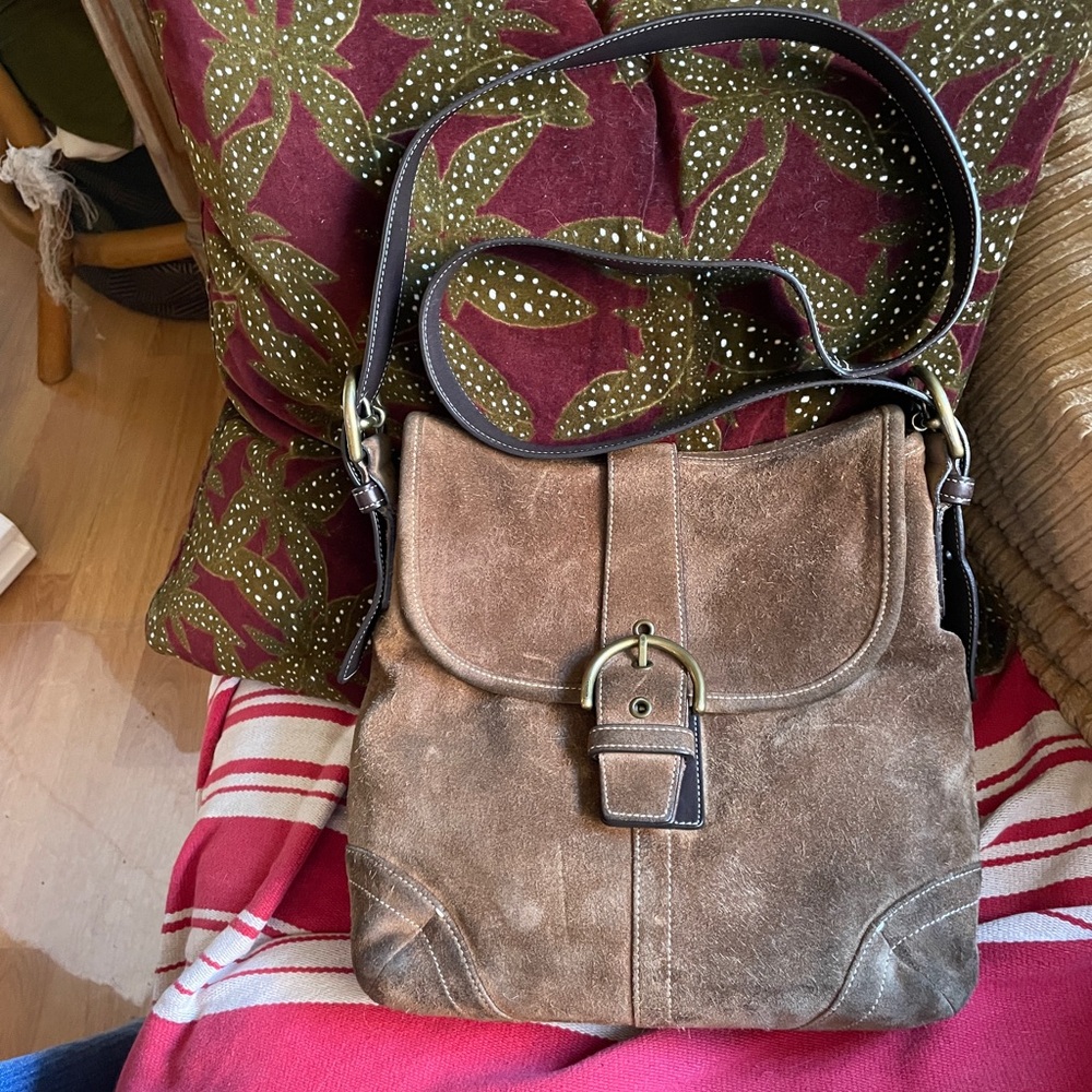 Brown Suede coach soho Shoulder and crossbody convertible  w/ big brass buckle